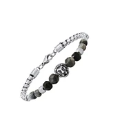 Steeltime Men's Stainless Steel Curb Chain Link Bracelet and Black or Gray Agate Stones with Lion Charm