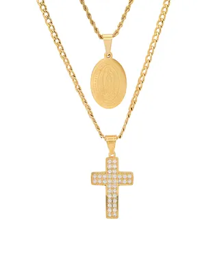 Steeltime Men's 2 Pieces 18k Gold Plated Stainless Steel and Simulated Diamonds Double Layered Cross and Our Lady of Guadalupe Pendant Set