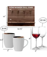 How Women Tell Time Wall Mounted Wine Rack with Wine Glasses and Coffee Mugs, Set of 9