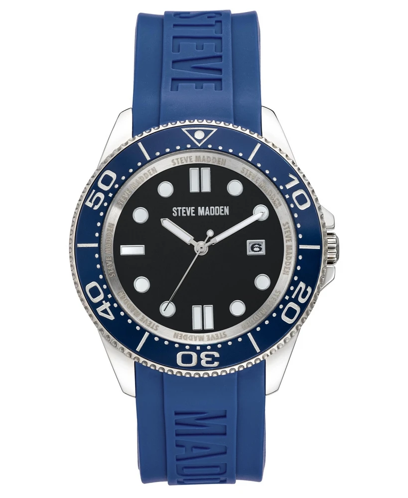 Steve Madden Men's Blue Silicone Strap Embossed with Steve Madden Logo Watch, 44X50mm