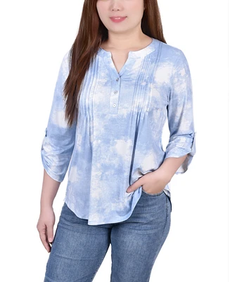 Ny Collection Women's Knit Jacquard 3/4 Sleeve Roll Tab Top