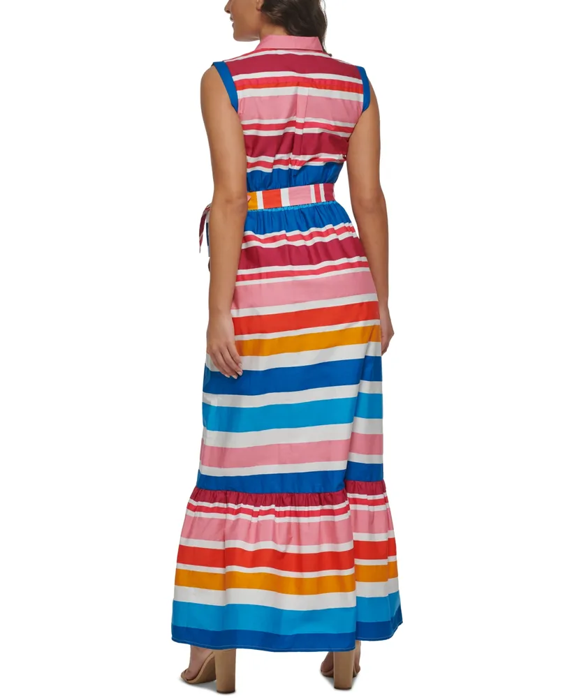 kensie Women's Striped Cotton Sleeveless Maxi Dress