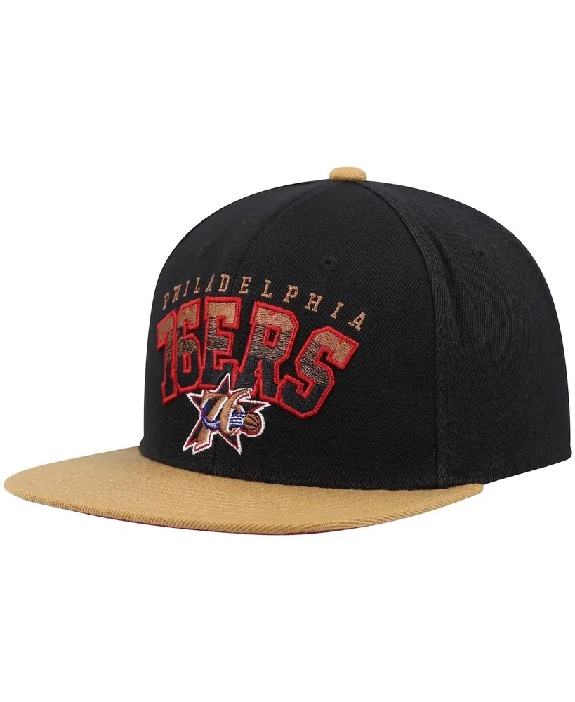 Men's Mitchell & Ness Black and Tan Philadelphia 76ers Hardwood Classics Gradient Wordmark Snapback Hat