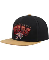 Men's Mitchell & Ness Black and Tan Philadelphia 76ers Hardwood Classics Gradient Wordmark Snapback Hat