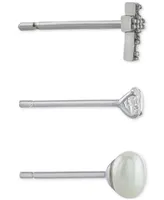 Giani Bernini 3-Pc. Cubic Zirconia & Cultured Freshwater Pearl (4mm) Stud Earrings in Sterling Silver, Created for Macy's