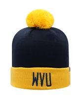 Men's Top of the World Navy and Gold West Virginia Mountaineers Core 2-Tone Cuffed Knit Hat with Pom