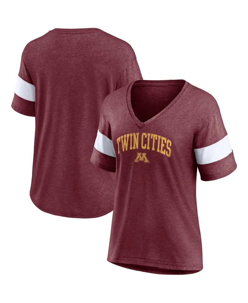 Women's Fanatics Heathered Maroon Minnesota Golden Gophers Arched City Sleeve-Striped Tri-Blend V-Neck T-shirt