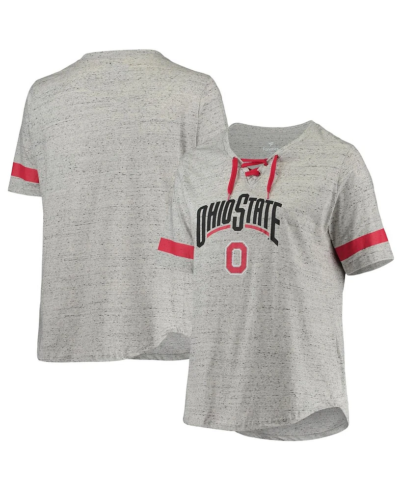 Women's Heathered Gray and Scarlet Ohio State Buckeyes Plus Lace-Up V-Neck T-shirt