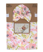 Baby Girls Soft Floral Print Swaddle Wrap Blanket with Matching Turban, 2 Piece Set