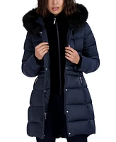 Tahari Womens Velvet Bibbed Faux-Fur Hooded Puffer Coat