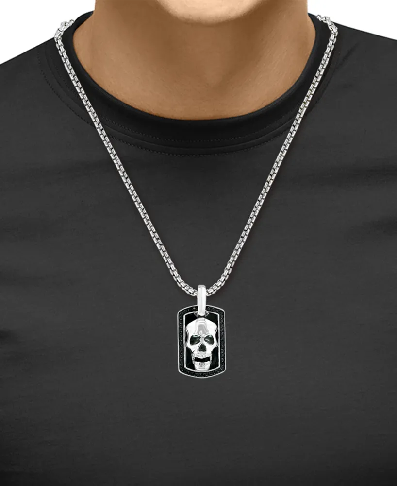 Effy Men's Black Spinel Skull Dog Tag 22" Pendant Necklace in Sterling Silver & Black Rhodium