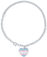 Diamond Accent & Rainbow Enamel Pride Double Heart Charm Bracelet in Sterling Silver