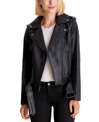Michael Kors Women's Belted Leather Moto Coat, Created for Macy's