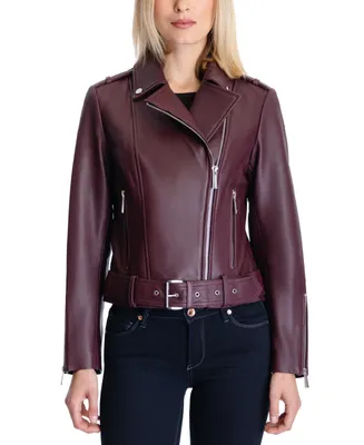 Michael Michael Kors Women's Belted Leather Moto Coat, Created for Macy's