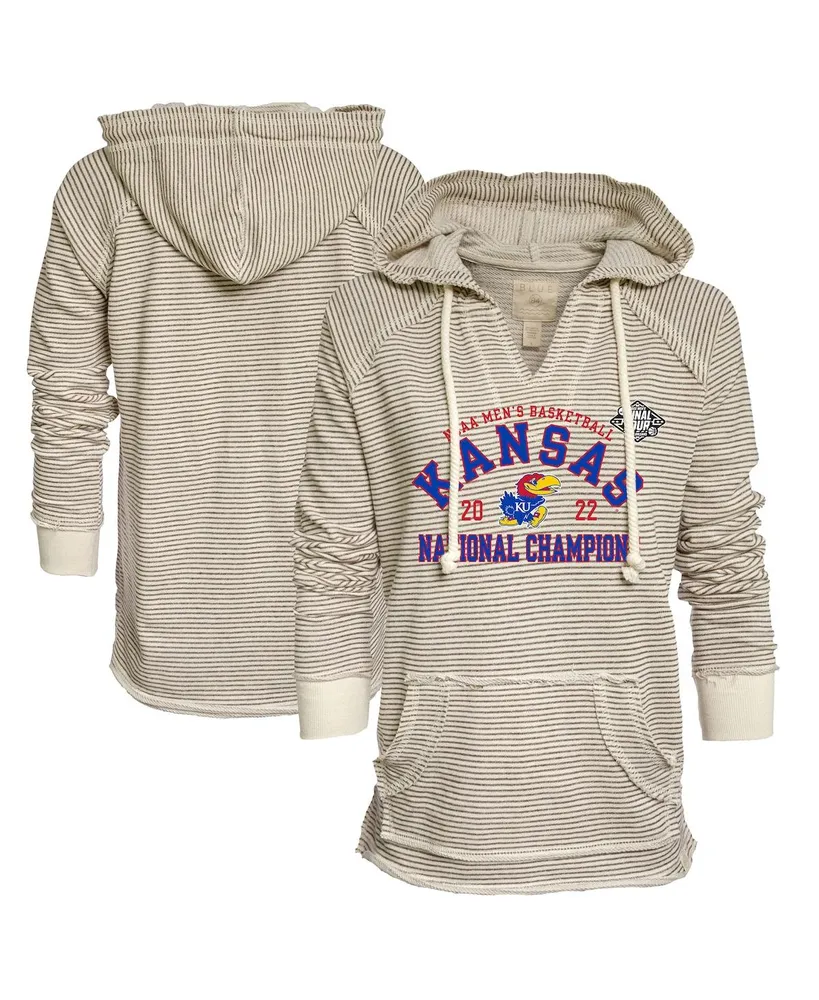 Women's Blue 84 Cream and Gray Kansas Jayhawks 2022 Ncaa Men's Basketball National Champions French Terry V-Neck Pullover Hoodie