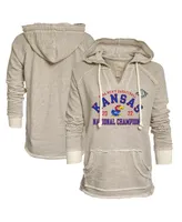 Women's Blue 84 Cream and Gray Kansas Jayhawks 2022 Ncaa Men's Basketball National Champions French Terry V-Neck Pullover Hoodie