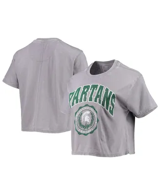 Women's Pressbox Heathered Gray Michigan State Spartans Edith Vintage-Like Burnout Crop T-shirt