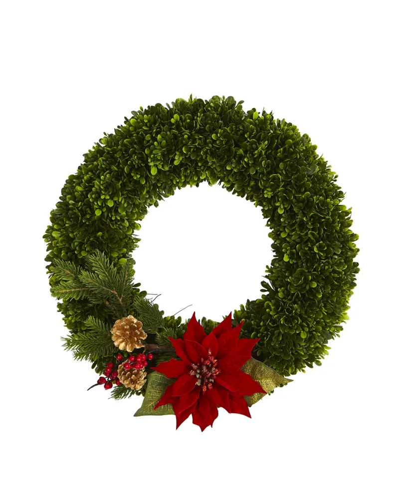 Tea Leaf, Poinsettia and Pine Artificial Wreath, 18"