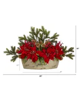 Poinsettia, Succulent and Pine Artificial Arrangement in Decorative Vase, 25"