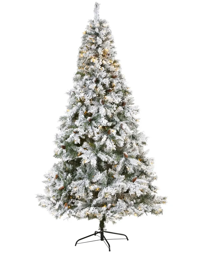 Flocked River Mountain Pine Artificial Christmas Tree with Pinecones and Lights