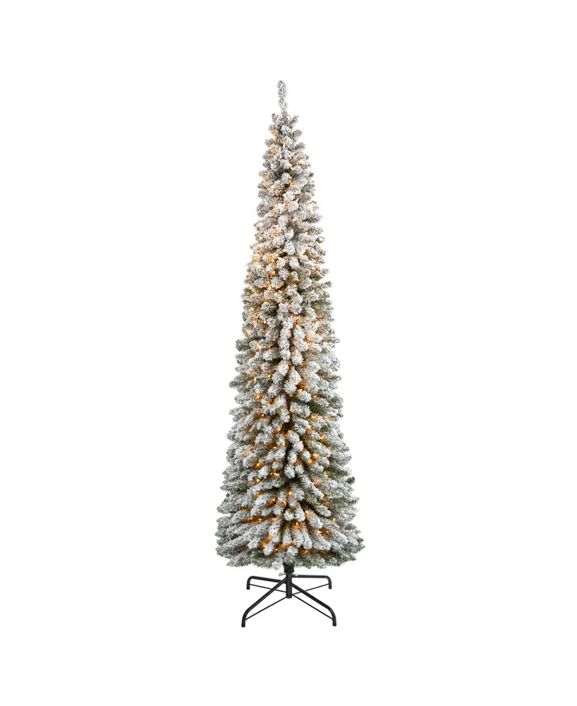 Flocked Pencil Artificial Christmas Tree with Lights and Bendable Branches