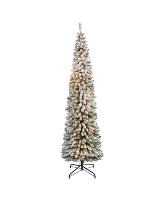 Flocked Pencil Artificial Christmas Tree with Lights and Bendable Branches, 96"