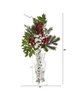 Wisteria, Iced Pine and Berries Artificial Arrangement in Glass Vase, 25"