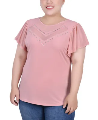 Ny Collection Plus Size Studded Short Flutter Sleeve Top with Mesh Details