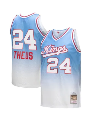 Men's Mitchell & Ness Reggie Theus White, Light Blue Sacramento Kings 1985/86 Hardwood Classics Fadeaway Swingman Player Jersey