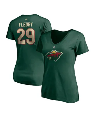 Women's Fanatics Marc-Andre Fleury Green Minnesota Wild Authentic Stack Name and Number V-Neck T-shirt