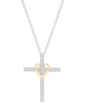 Diamond Cross & Heart 18" Pendant Necklace (1/6 ct. t.w.) in Sterling Silver & 14k Gold-Plate