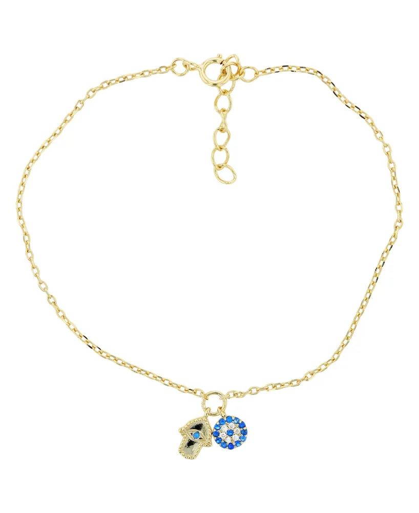 Hamsa and Evil Eye Anklet 14K Gold Plated or Sterling Silver