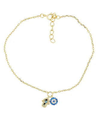 Hamsa and Evil Eye Anklet 14K Gold Plated or Sterling Silver