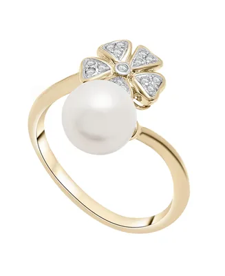 Cultured Freshwater Pearl (8mm) & Diamond (1/10ct. tw.) Flower Ring in 14K Yellow Gold
