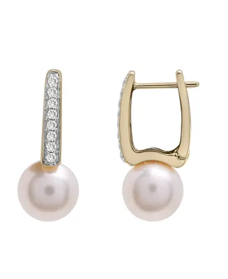 Cultured Freshwater Pearl with Diamond Huggie Earrings in 14K Yellow Gold