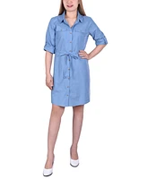 Petite 3/4 Roll Tab Sleeve Denim Dress