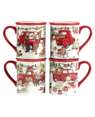 Certified International Red Truck Snowman 4 Piece Mug Set