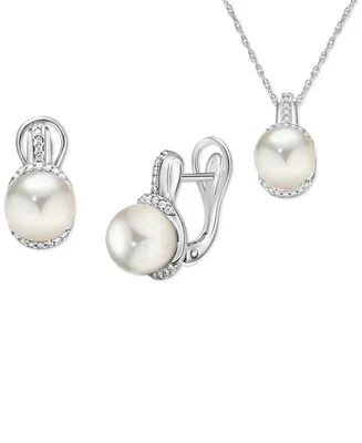 2-Pc. Set Cultured Freshwater Pearl (9mm) & White Zircon (7/8 ct. t.w.) Pendant Necklace, & Matching Earrings in Sterling Silver