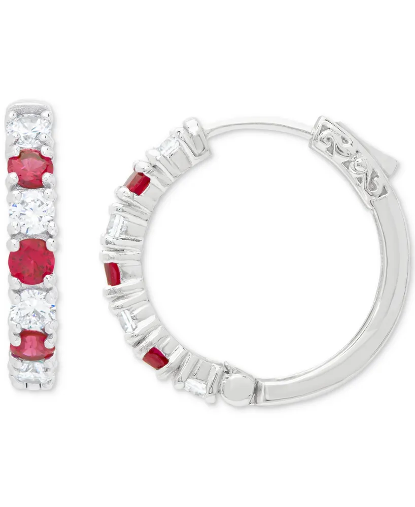 Red Spinel (1/4 ct. t.w.) & Lab-grown White Sapphire (1-1/5 ct. t.w.) Small Hoop Earrings in Sterling Silver, 0.77"