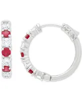 Red Spinel (1/4 ct. t.w.) & Lab-grown White Sapphire (1-1/5 ct. t.w.) Small Hoop Earrings in Sterling Silver, 0.77"