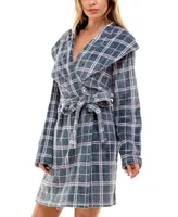 Roudelain Women's Plaid Shawl-Collar Wrap Robe