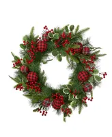 Glitzhome 24" Ornament Berry Holly Pine Wreath with Lights