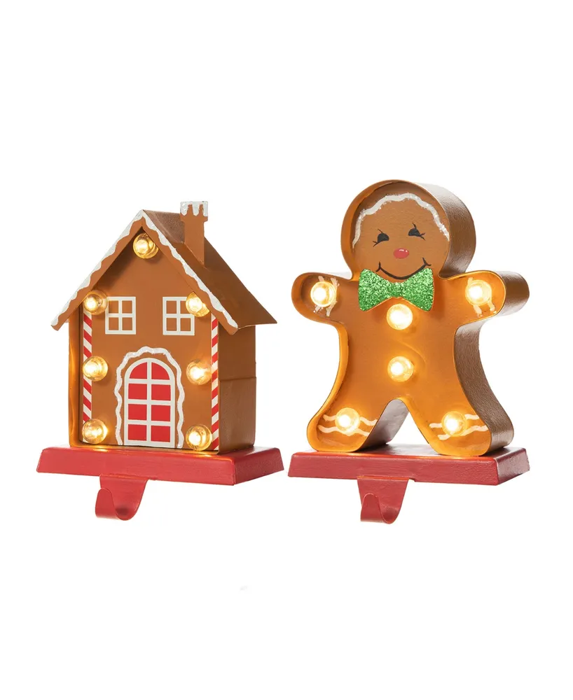 Glitzhome Marquee Led Gingerbread House Gingerbread Man Christmas Stocking Holder Set, 2 Piece