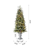 Glitzhome 5' Pre-Lit Pine Artificial Christmas Porch Tree with 180 Warm White Lights and Pine Cones Set, 2 Piece