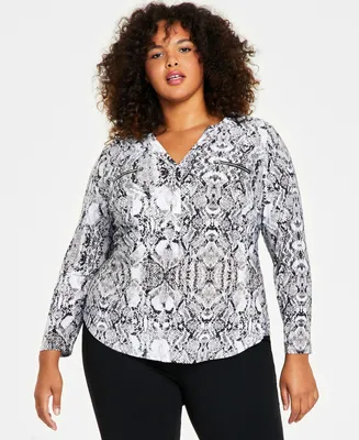 I.n.c. International Concepts Plus Printed Zip-Pocket Top, Created for Macy's