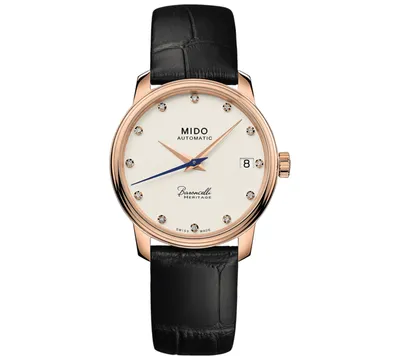Mido Women's Swiss Automatic Baroncelli Iii Heritage Diamond (1/10 ct. t.w.) Black Leather Strap Watch 33mm