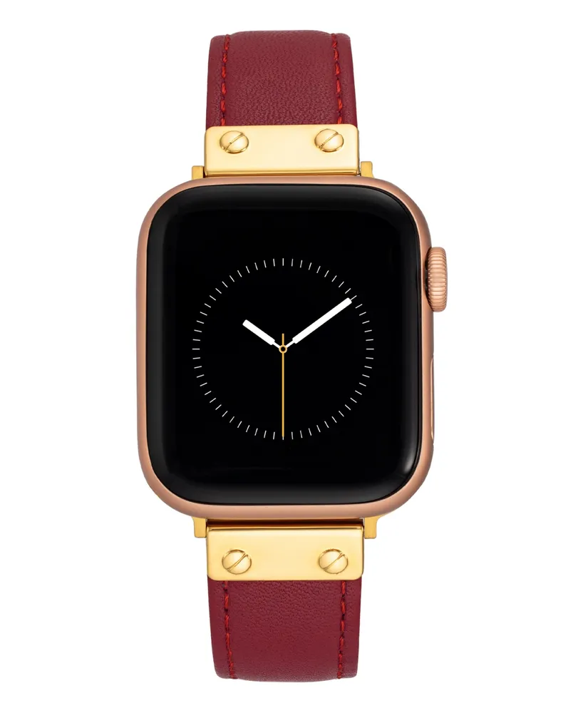 Anne Klein Women's Red Genuine Leather Band Compatible with 42/44/45/Ultra/Ultra 2 Apple Watch - Red, Gold