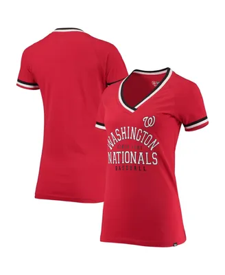 Women's New Era Red Washington Nationals Raglan V-Neck T-shirt
