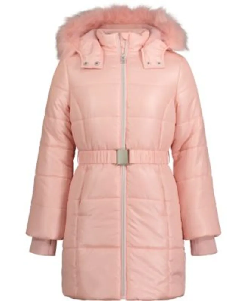 Calvin Klein Girls Shimmer Monochromatic Faux Fur Trim Hooded Jacket