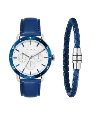 Ted Baker Men's Magarit Blue Leather Strap Watch 46mm and Bracelet Gift Set, 2 Pieces